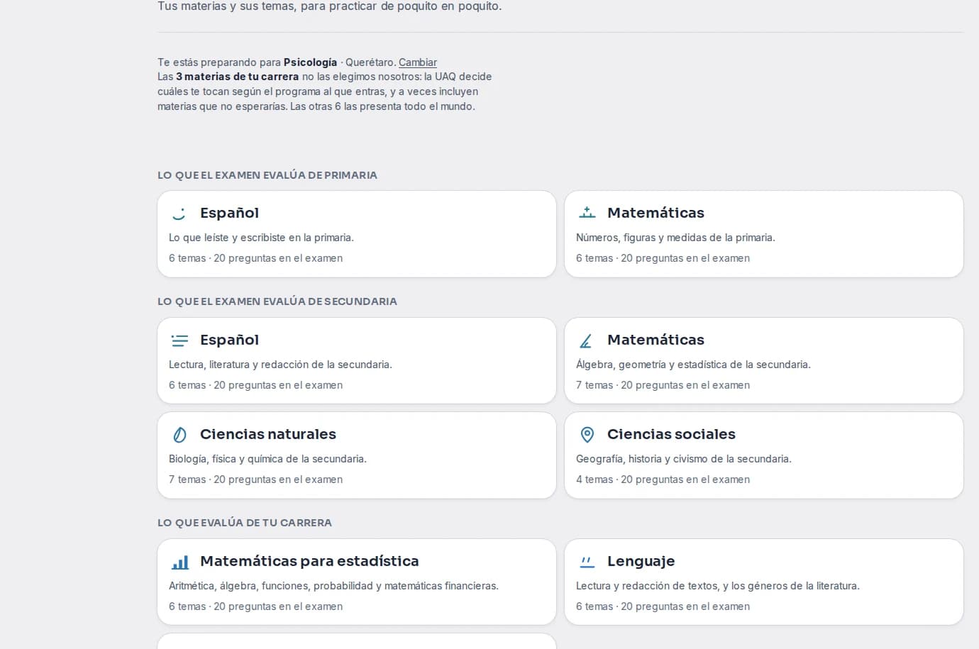 Materias disponibles para practicar